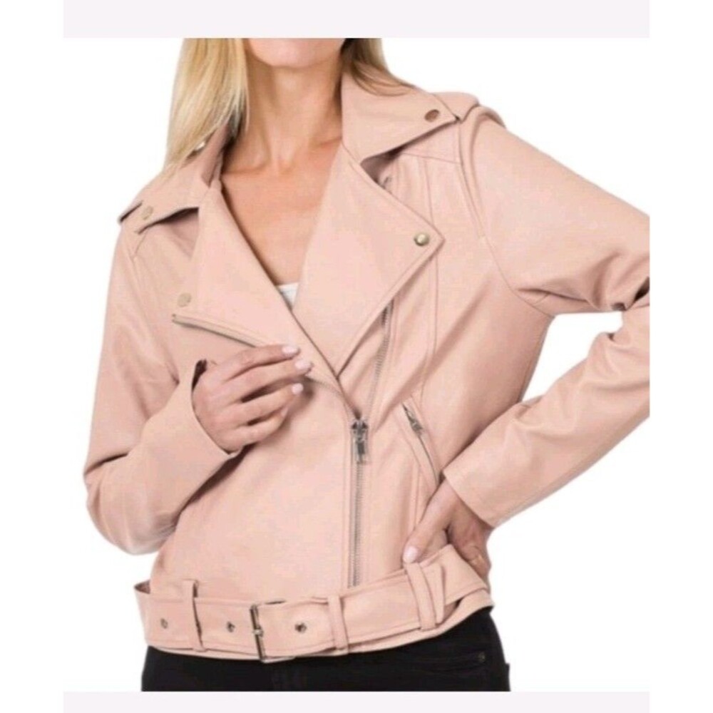 ZENANA Vegan Leather Belted Moto Jacket In Blush